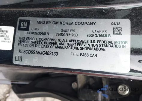 2018 Chevrolet Spark 1Lt Cvt из США, поврежденный, VIN KL8CD6SA5JC482130